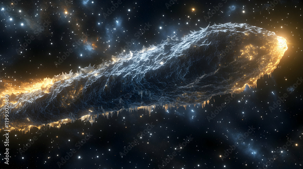 Poster close-up of a comet with glowing icy tail and sharp surface textures, traveling through a star-fille