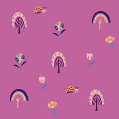 Seamless pattern with flowers , trees, ladybug, mushrooms 