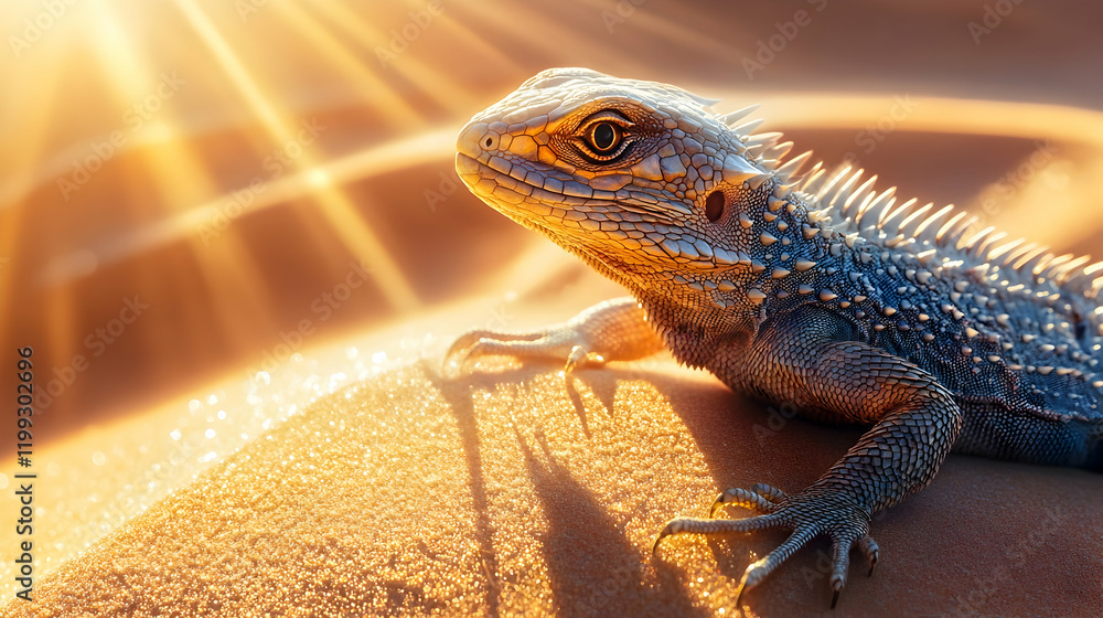 Poster close-up of a desert lizard on a sandy dune with sharp textures on its scales and glowing sunlight i
