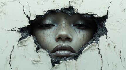 Face emerges from cracked, pale surface.