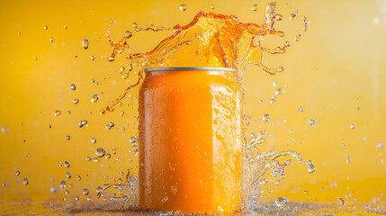 Orange color soda can with juice splash