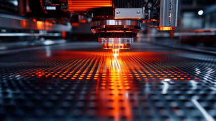 Steel production, A close-up view of a laser cutting machine, emitting a bright orange light while processing a perforated metal surface.