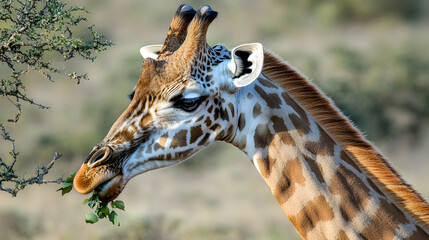 Close-up of a giraffe eating leaves from a tree in a savannah setting under bright sunlight with sharp focus on its detailed patterned coat
