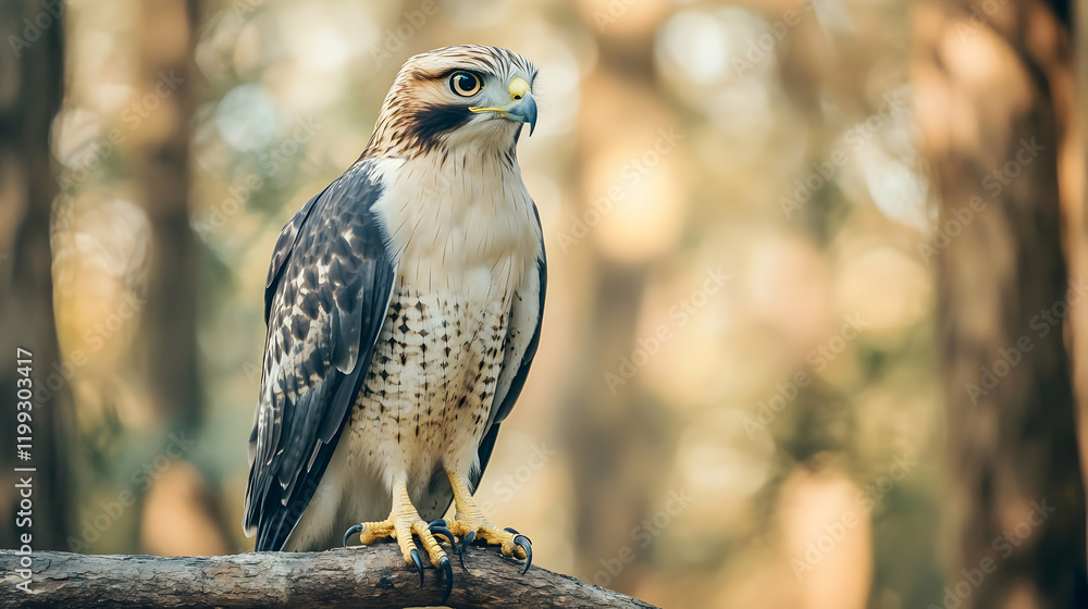 Poster close-up of a hawk perched on a tree branch with sharp focus on its piercing eyes and detailed feath