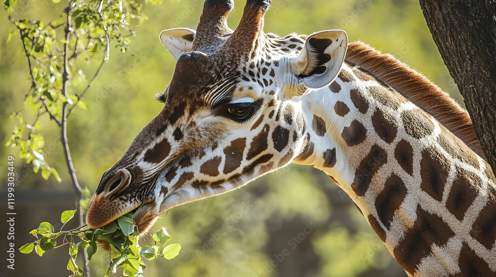 Poster close-up of a giraffe eating leaves from a tree in a savannah setting under bright sunlight with sha