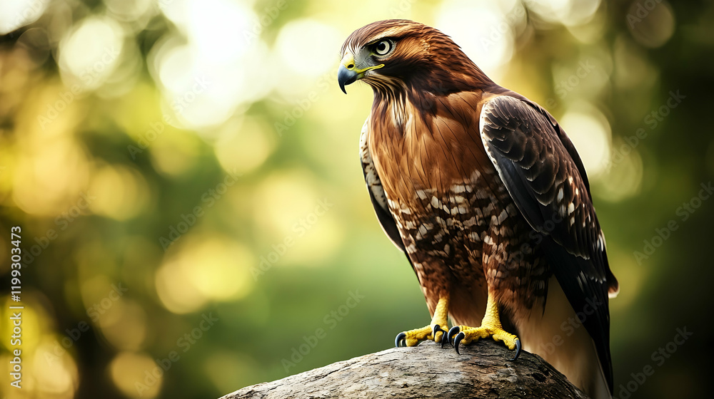 Poster close-up of a hawk perched on a tree branch with sharp focus on its piercing eyes and detailed feath