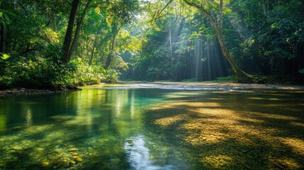 Fototapeta premium Sunbeams Illuminate Serene River in Lush Forest
