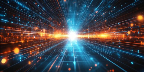 Fototapeta premium Digital Speed of Light: Abstract digital art depicting a futuristic cityscape with glowing lines of light converging towards a bright center.
