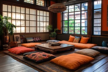 Serene Asian style room with orange cushions and low table