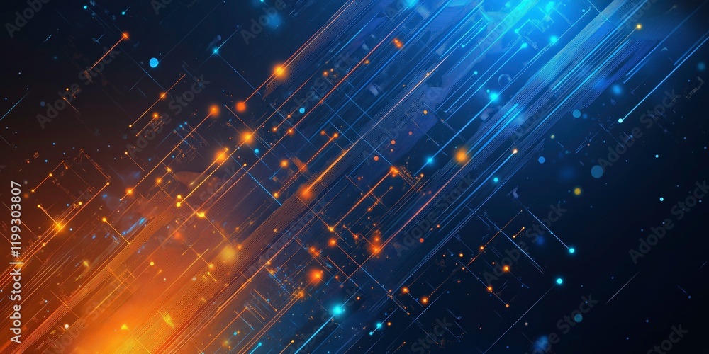 Poster digital flux: abstract artwork depicting a dynamic interplay of blue and orange digital streams, cre
