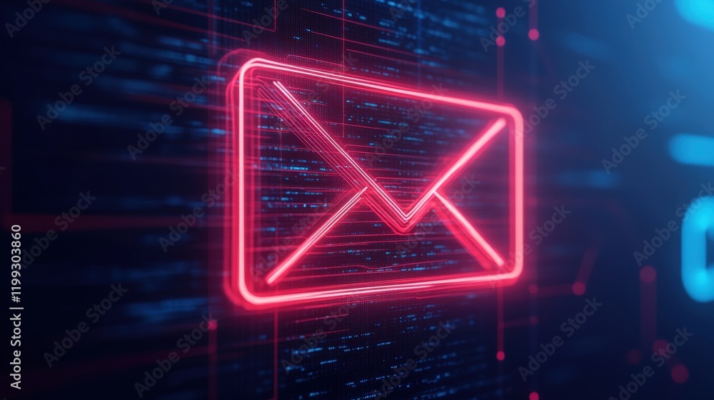 Poster neon email icon on digital background with glowing lines and connections representing modern communi