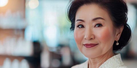 Naklejka premium female beauty and aesthetics salon. A beautiful 65-year-old asianwoman in a beauty salon against the background of a bright interior