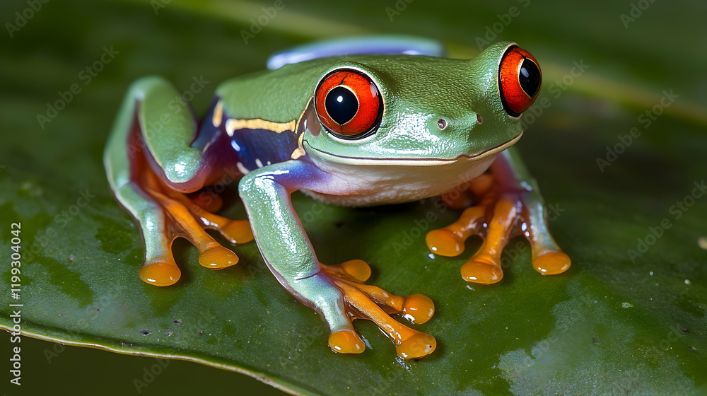 Aufkleber close-up of a red-eyed tree frog resting on a tropical leaf with sharp focus on its vibrant colors a