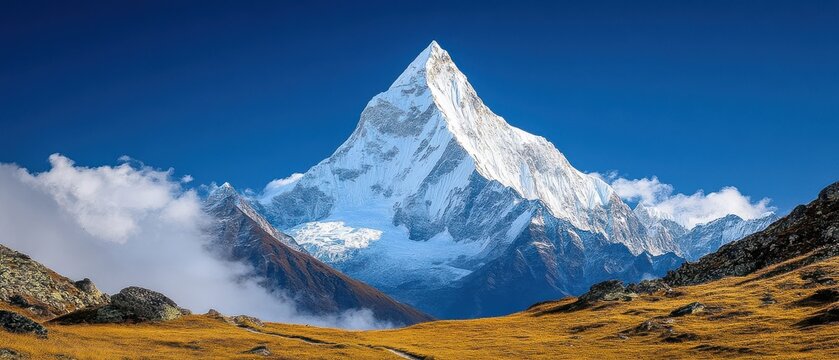 [Majestic mountain range scenery] Majestic Mountain Range Under Clear Blue Sky with Lush Green Valley