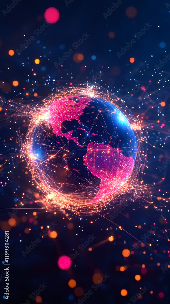 Fototapete planet earth rotating in space, covered by network connections, showing data exchange and colorful p