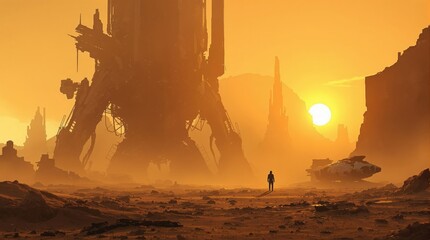 A lone figure stands before a colossal, futuristic structure in a vast, dusty landscape, evoking themes of exploration and scale