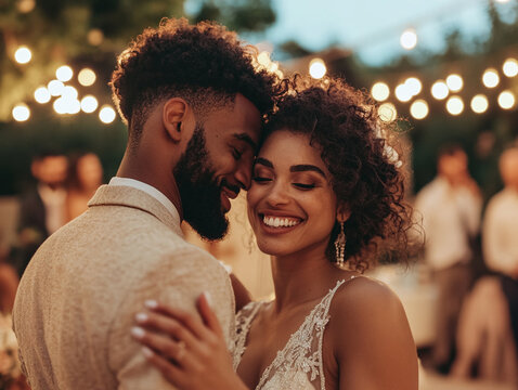 A diverse couple, the woman with a fuller figure and the man of a slim build dancing joyfully at their wedding reception - Powered by Adobe