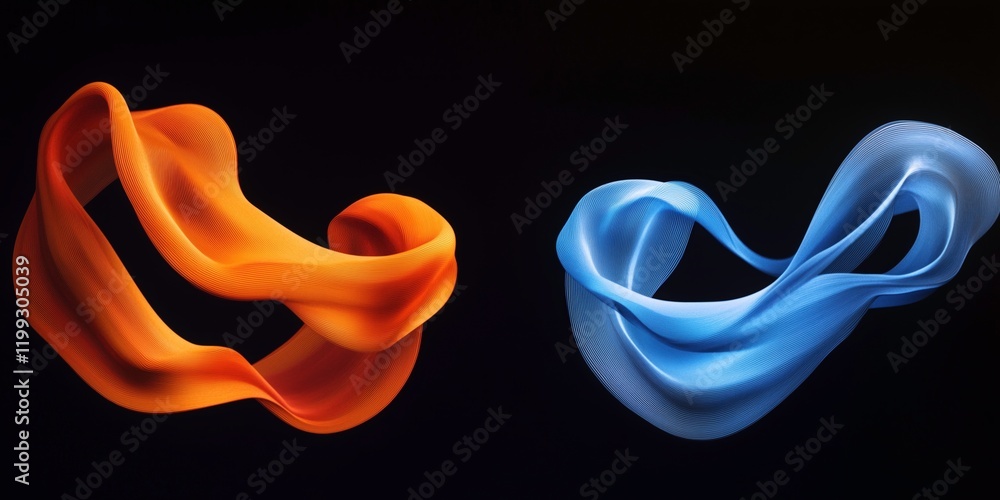Poster fluid dynamics: abstract swirling forms of vibrant orange and cool blue, creating a dynamic and visu