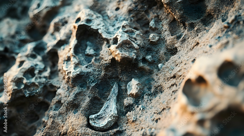 Poster close-up of detailed fossils embedded in rocky terrain, highlighting intricate textures and patterns