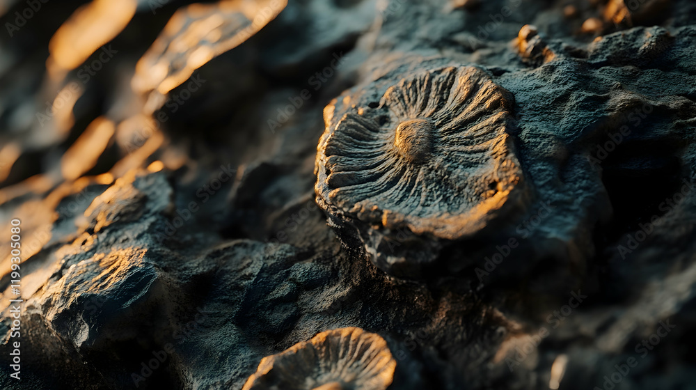 Poster close-up of detailed fossils embedded in rocky terrain, highlighting intricate textures and patterns