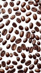 Obraz premium Roasted coffee beans scattered in flight on white background. Top view vertical pattern cut out for design and print