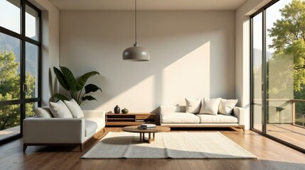 Serene Minimalist Living Room Design with Natural Light and Panoramic Views