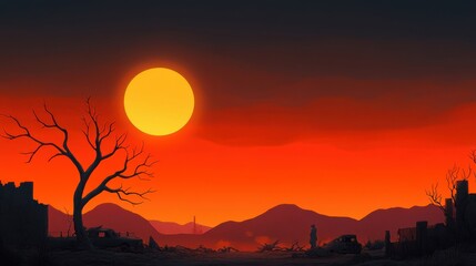 Obraz premium [Desert sunset with castle silhouette] Vibrant Desert Sunset Over Medieval Castle with Silhouetted Trees and Buildings