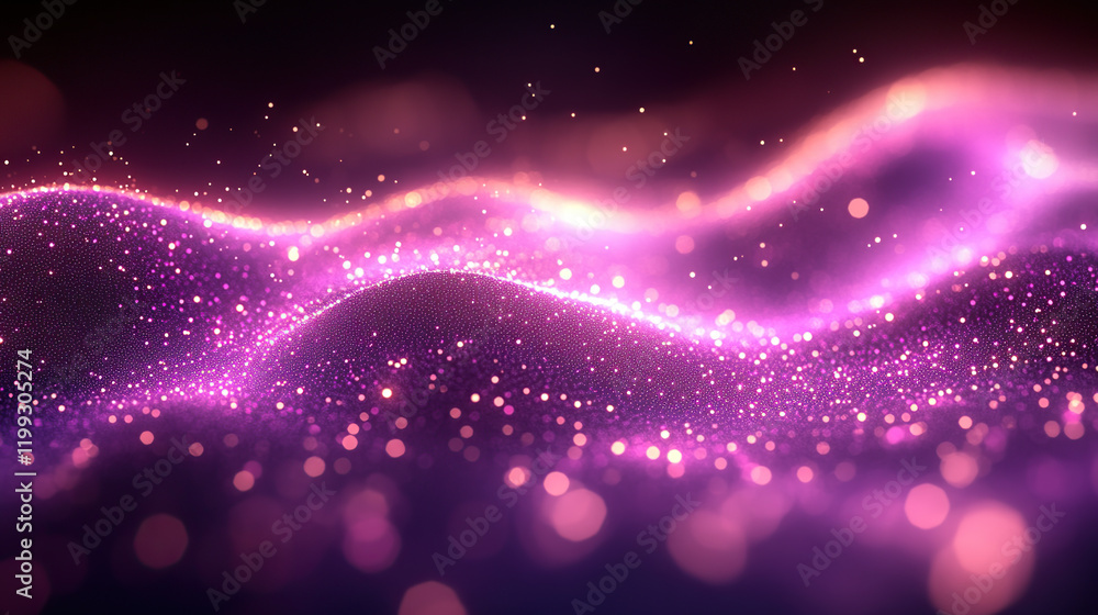 Poster abstract purple waves with sparkling lights and bokeh effect on a dark background digital art