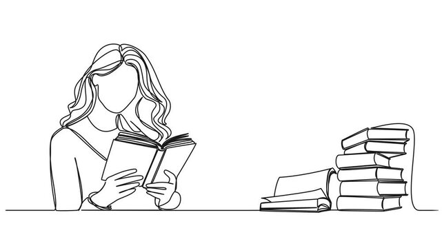 animated continuous line drawing of woman reading a novel next to stack of books, line art animation