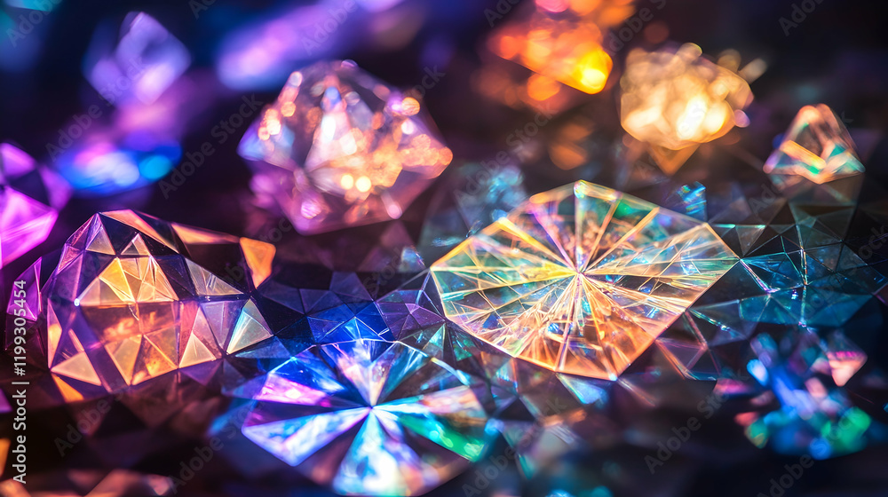 Poster close-up of glowing crystal structures under polarized light, featuring intricate geometric patterns