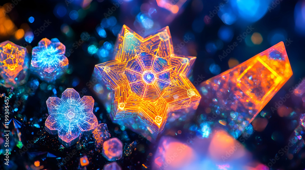 Poster close-up of glowing crystal structures under polarized light, featuring intricate geometric patterns