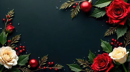 Elegant Festive Floral Frame with Red and Cream Roses and Holiday Decorations