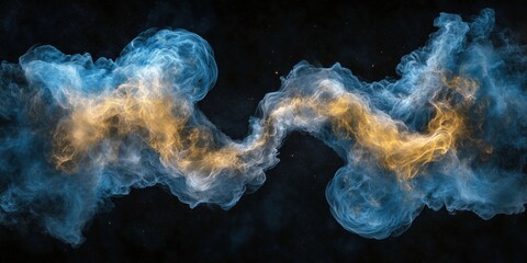 Fototapeta premium Abstract Energy Flow: A mesmerizing abstract artwork depicting a dynamic flow of energy, swirling in shades of blue and gold against a deep black background. The ethereal forms intertwine and connect.
