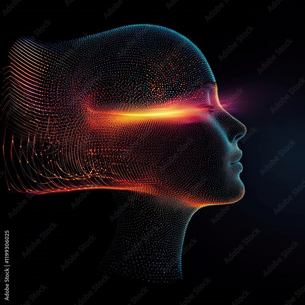 Poster artistic representation of a digital face with colorful light trails and a futuristic abstract desig