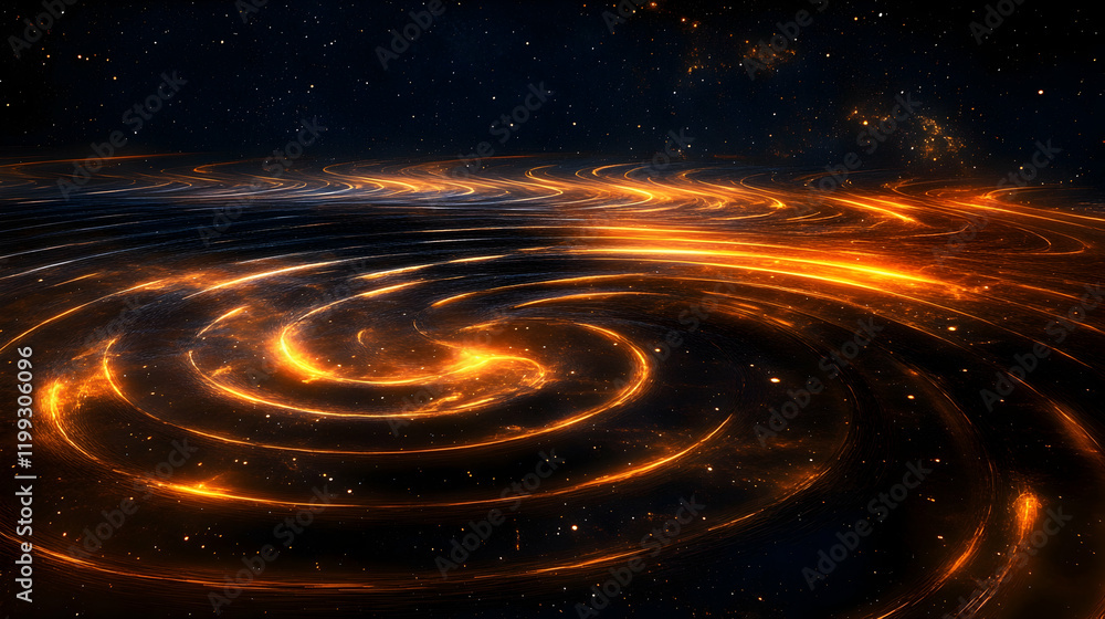 Poster concept of gravitational waves visualized with abstract ripple effects in space-time, glowing agains