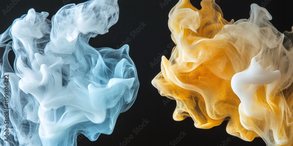 Poster abstract ink in water: two swirling clouds of vibrant yellow-gold and cool blue ink dance against a 