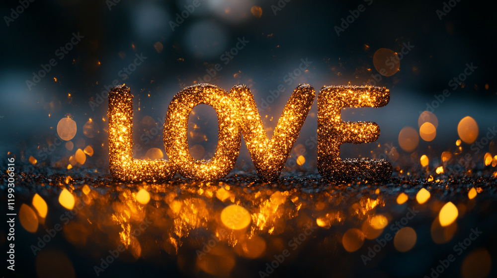 Poster sparkling love display with golden lights and bokeh effect at nighttime