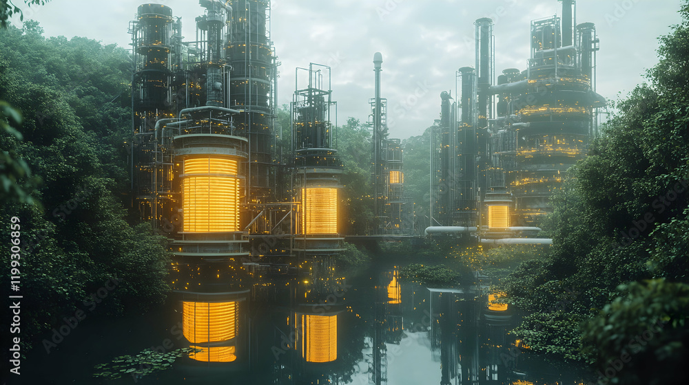 Poster conceptual design of carbon capture technology with glowing filters and detailed industrial structur
