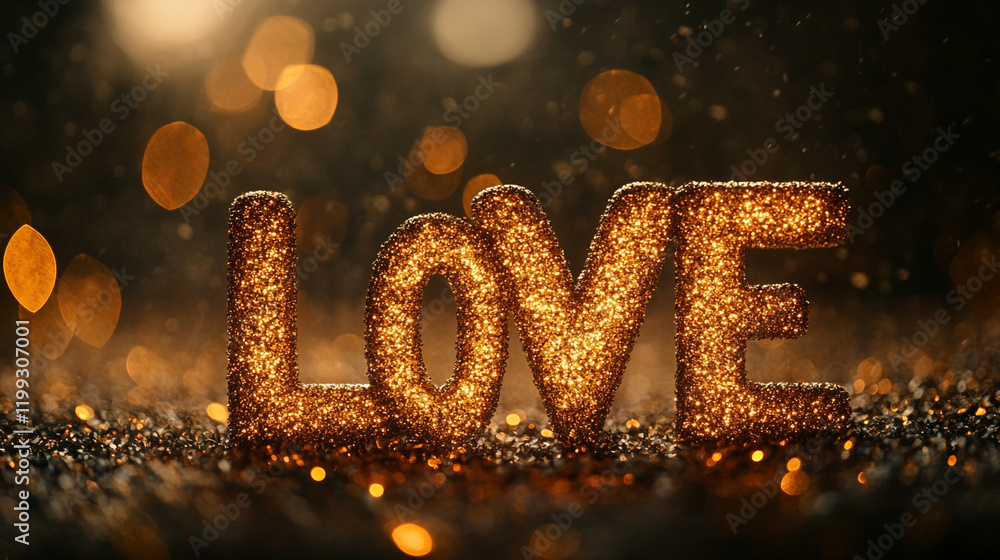Poster glittering love display illuminated by warm bokeh lights in a romantic setting