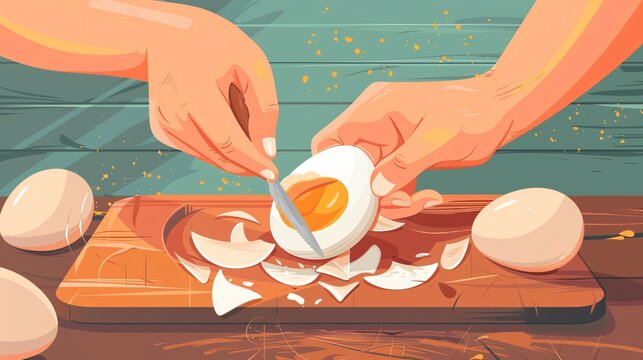 Close-up of Woman Peeling Boiled Egg at Wooden Table - Cartoon Style - Powered by Adobe