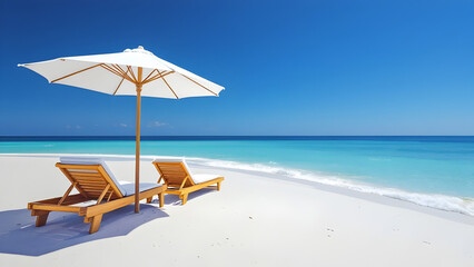 Serene beach vacation scene featuring a vibrant beach umbrella and two chairs placed on a sandy shore, symbolizing relaxation, leisure, and peaceful summer holidays by the ocean.