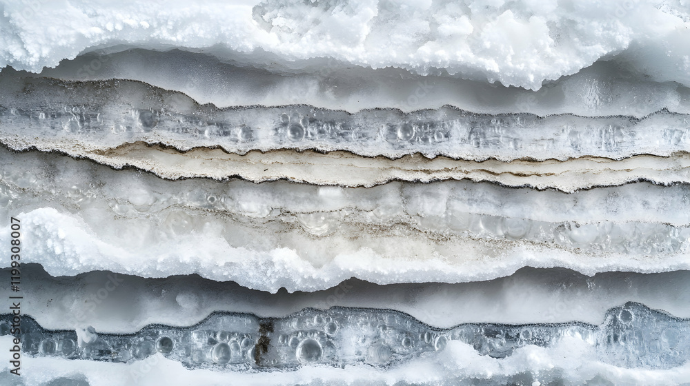 Poster detailed image of ice core samples showing layered textures and air bubbles, emphasizing scientific 
