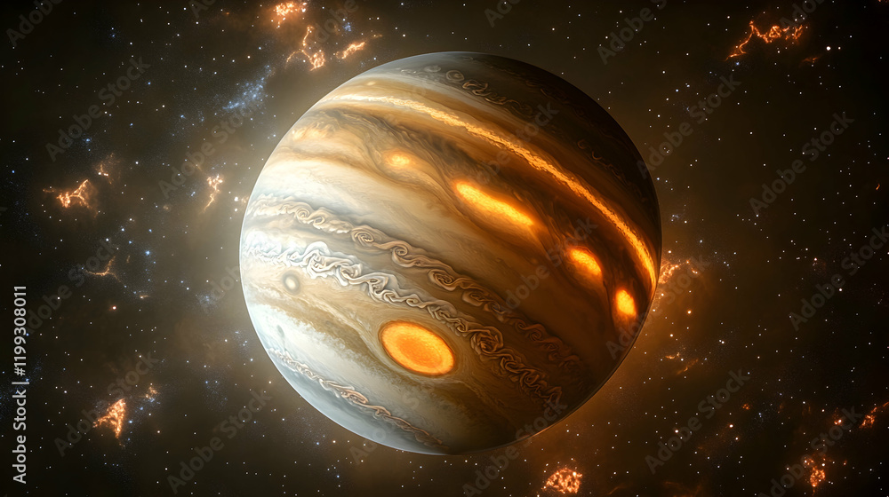 Poster detailed rendering of jupiter with its iconic swirling clouds and glowing atmospheric bands in a cos