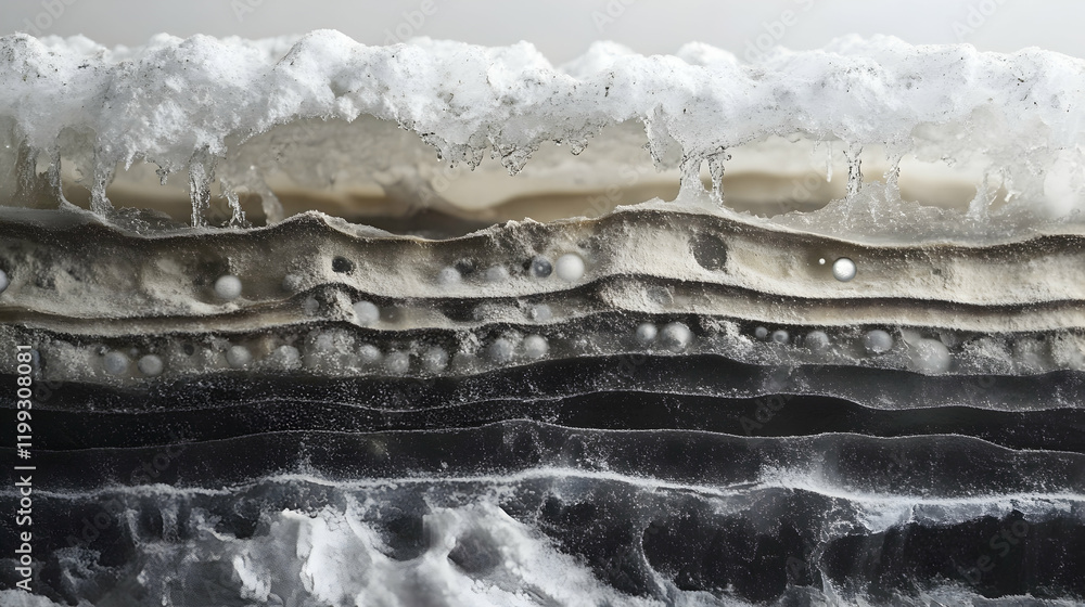Poster detailed image of ice core samples showing layered textures and air bubbles, emphasizing scientific 