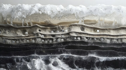 Detailed image of ice core samples showing layered textures and air bubbles, emphasizing scientific study of climate history
