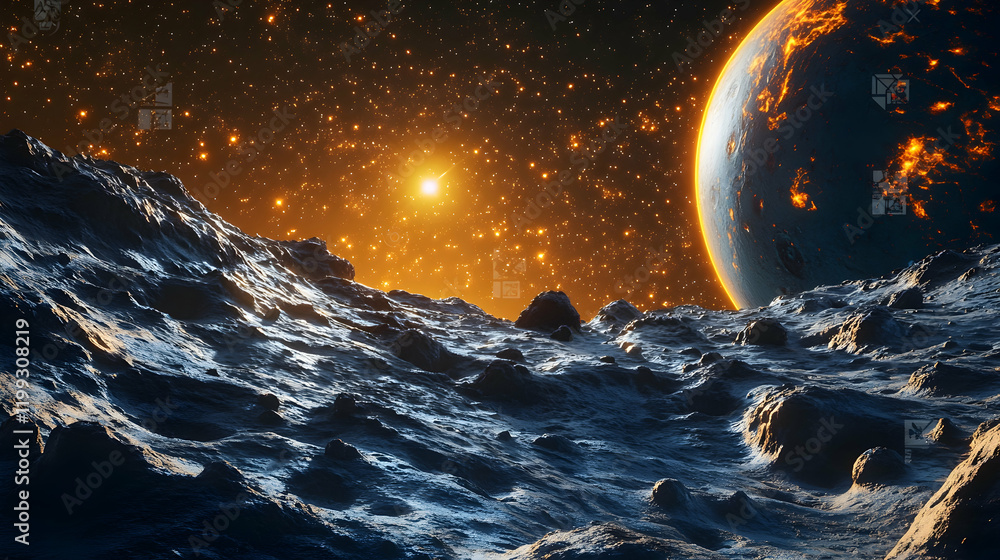 Poster detailed rendering of planets in a solar system with vibrant textures and glowing atmospheric effect