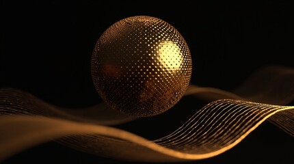 Fototapeta premium A golden sphere floats above smooth, wavy lines, set against a dark background, creating a mesmerizing visual.
