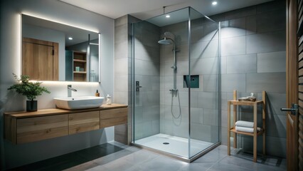 Modern Bathroom with Glass Shower Enclosure, Wooden Vanity, and Tiled Walls