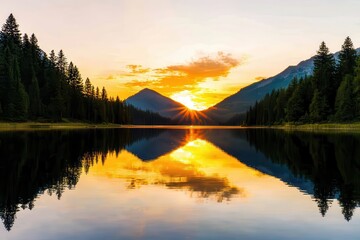 Fototapeta premium Run-down landscapes in a national park Scenic sunset reflecting on a tranquil lake surrounded by mountains.