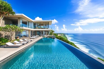 Fototapeta premium A luxurious modern villa perched on a cliffside overlooking a sparkling blue ocean under the midday sun. The sleek architecture features expansive glass walls and a long infinity pool